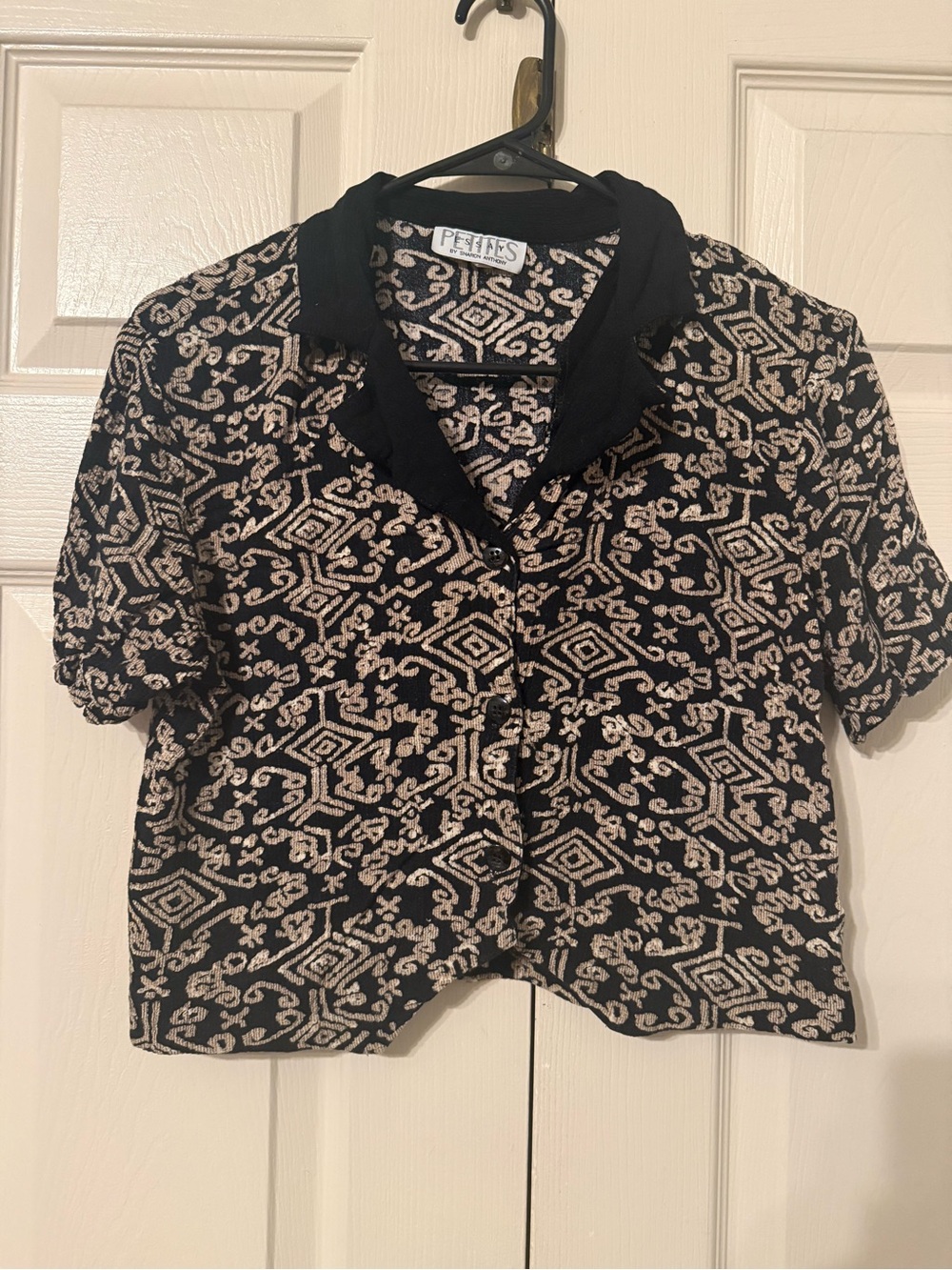 Petites Black & Cream Short Sleeve Collared Blouse